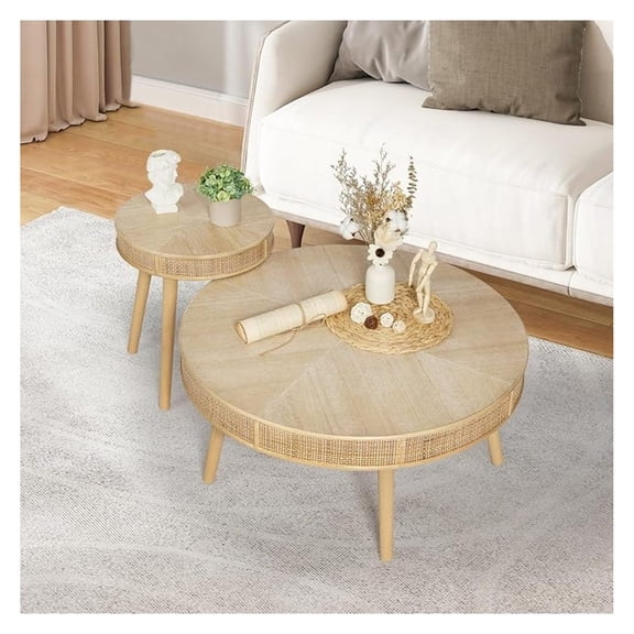 Farmhouse Round Coffee Table, Rustic Sofa Side Tea Tables Nesting Center Table Set with Handmade Rattan for Living Room, French Country Decor, Natural, 2Pack