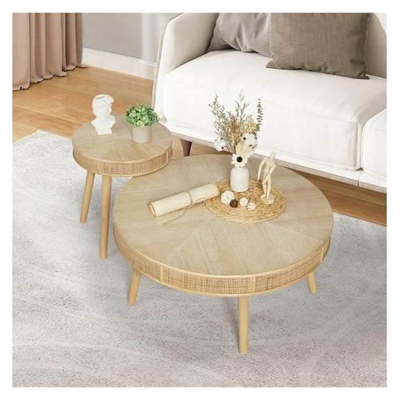 Farmhouse Round Coffee Table, Rustic Sofa Side Tea Tables Nesting Center Table Set with Handmade Rattan for Living Room, French Country Decor, Natural, 2Pack