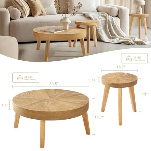 Farmhouse Round Coffee Table Set of 3, Boho Sofa Side Nesting Tables End Table Set with Wood Natural Finish for Living Room, Bedroom, Home Office,Natural