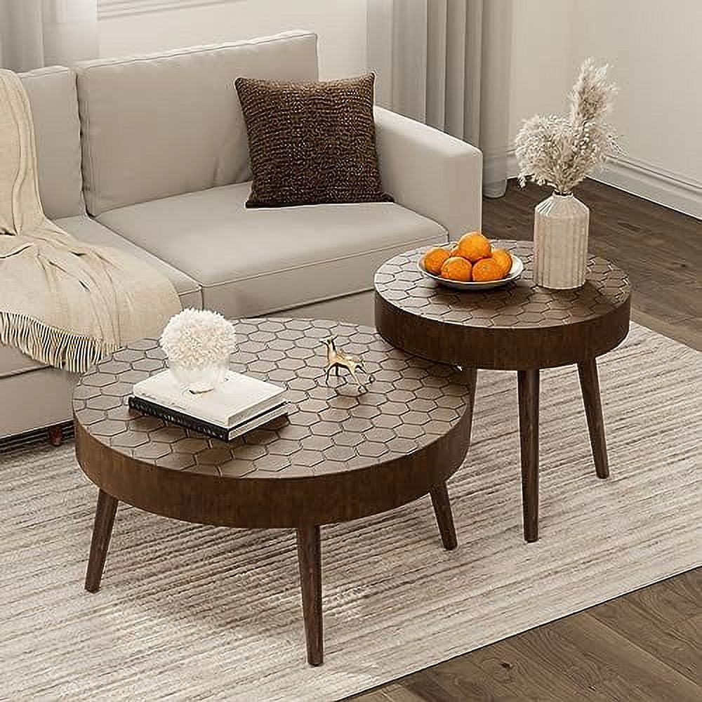 Farmhouse Round Coffee Table Set End Table Nesting Table with Honeycomb ...