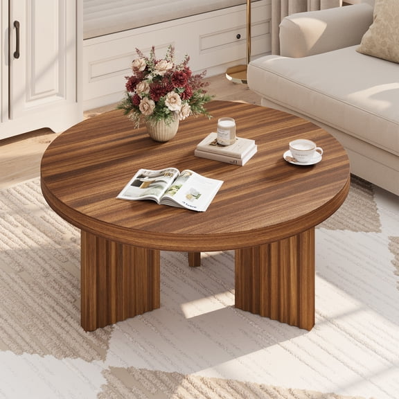 Farmhouse Round Coffee Table for Living Room - 33.5" Sturdy Wood Center Table with Fluted Legs, Thick Top - Easy Assembly - Walnut 91109-96 Linen