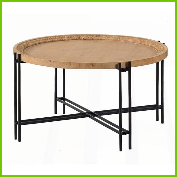 Farmhouse Round Coffee Table with Metal Legs, 32"x18" Sturdy Wood Top & Contrasting Modern Look for Living Room