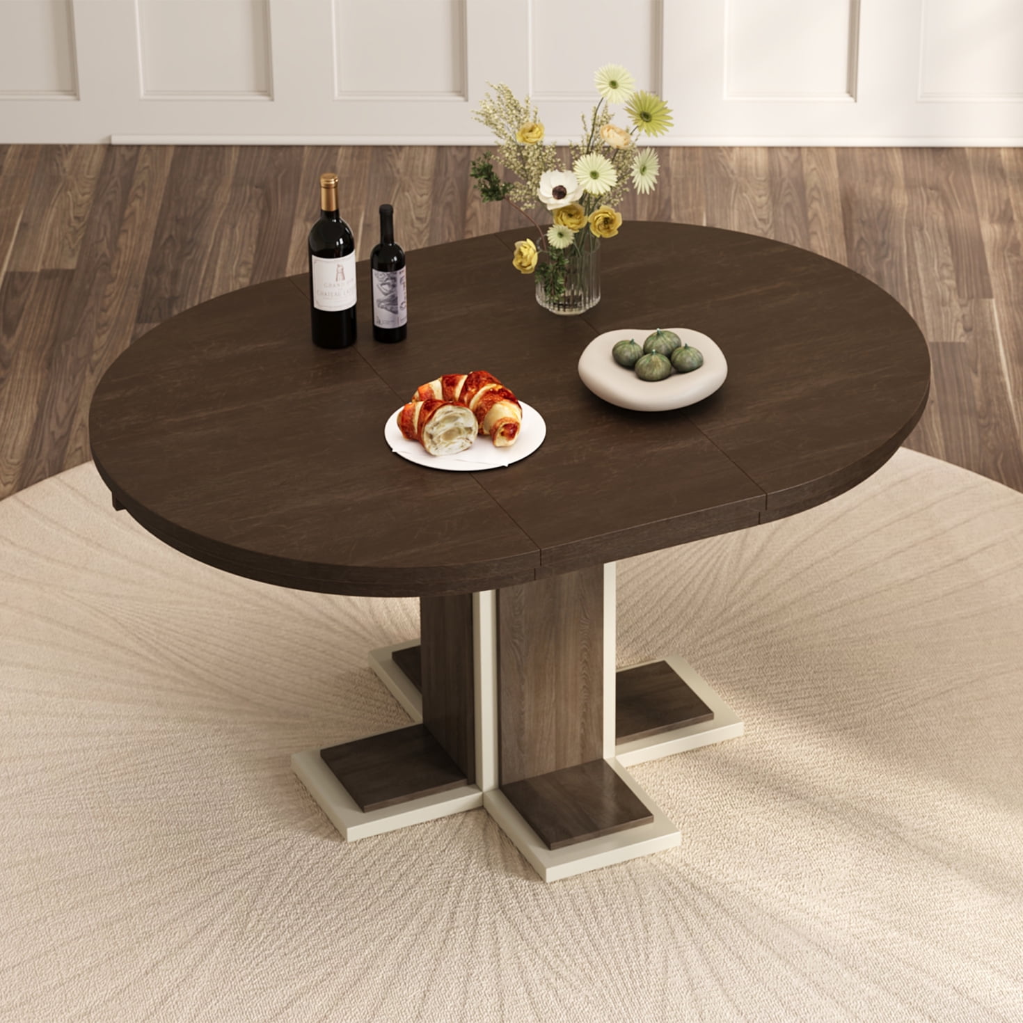 Farmhouse Round Dining Table for 4, 42''-58'' Extendable Circle to Oval Wooden Tabletop for 6 ...
