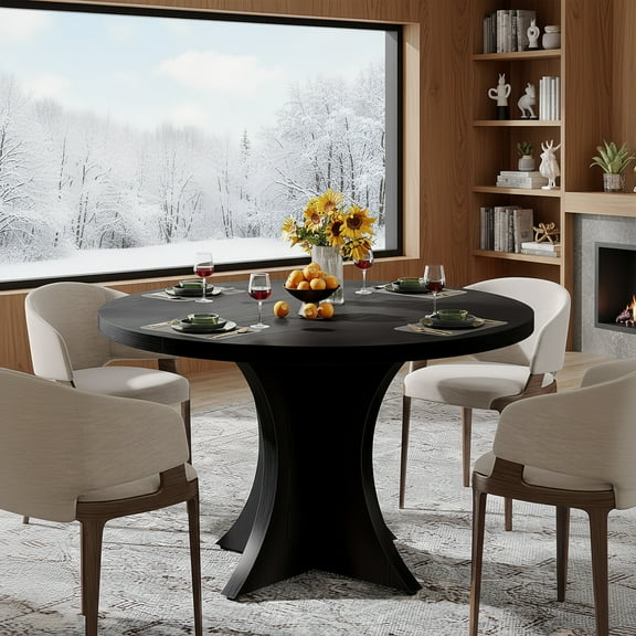 Farmhouse Round Dining Table, 47-Inch 4-6 Seater Wood Table with Pedestal Base, Small Space Kitchen Dinner Table for Dining Room Living Room, Black