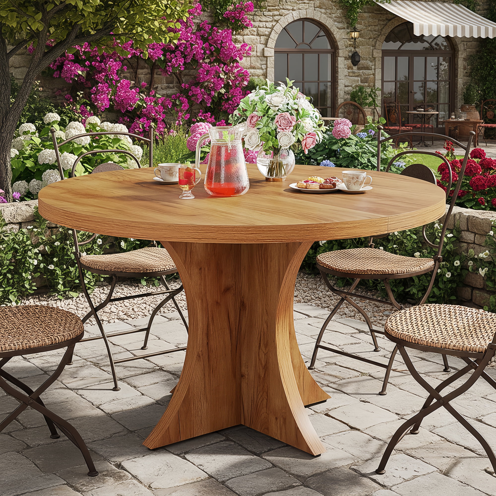 Farmhouse Round Dining Table, 47-Inch 4-6 Seater Wood Table with Pedestal Base, Small Space Kitchen Dinner Table for Dining Room Living Room, Brown