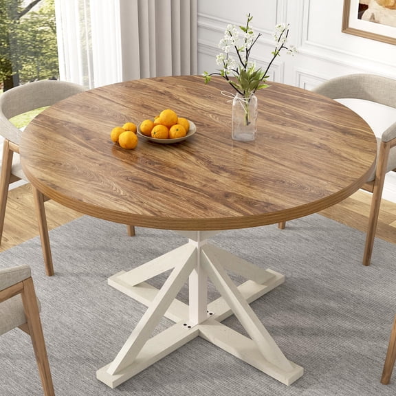 47" Round Dining Table for 4-6 People, Modern Farmhouse Kitchen Table with Waterproof Thickened Tabletop, Sturdy X-Shaped Metal Wood Base for Dining Room, Small Spaces