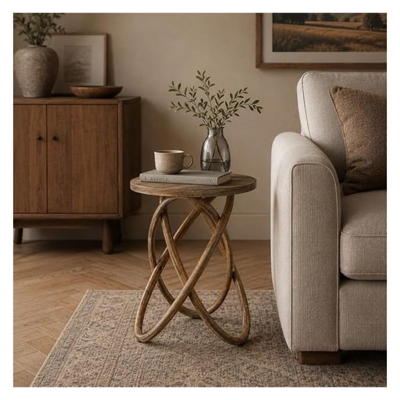 Farmhouse Round End Table with Curved Crossed Base, Natural Brown | Rustic Wood Sofa Side Table, Plant Stand for Living Room, Small Space, Easy Assembly