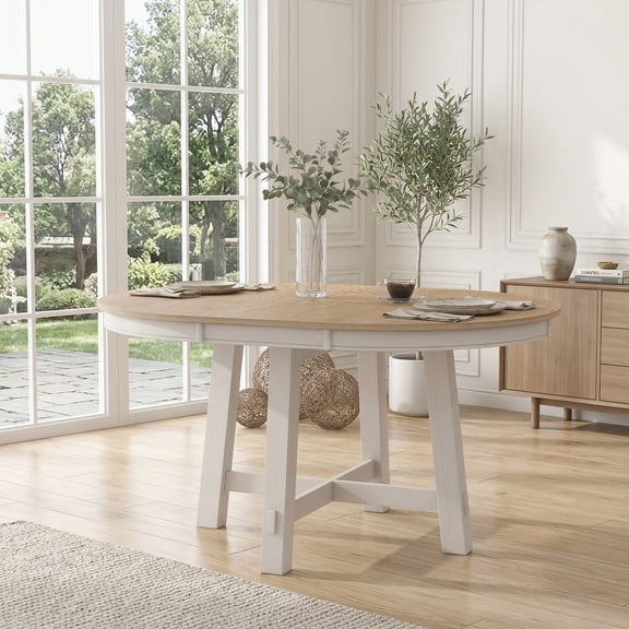 Farmhouse Round Extendable Dining Table with Leaf - Oak Natural Wood & Antique White
