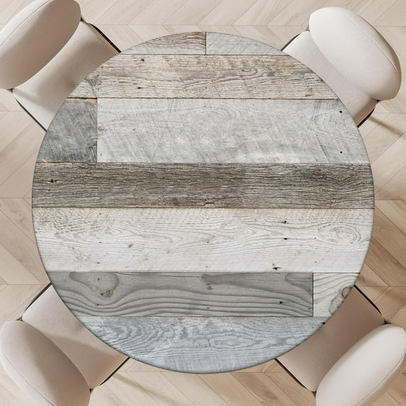 Farmhouse Round Fitted Table Cover with Elastic Waterproof Outdoor Indoor Tablecloth Washable Wipeable Table Cloth for Picnic Camping Party (Wood, Fits Table up to 45" - 52" Diameter)