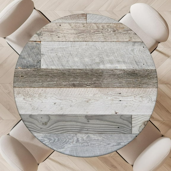 Farmhouse Round Fitted Table Cover with Elastic Waterproof Outdoor Indoor Tablecloth Washable Wipeable Table Cloth for Picnic Camping Party (Wood, Fits Table up to 45" - 52" Diameter)