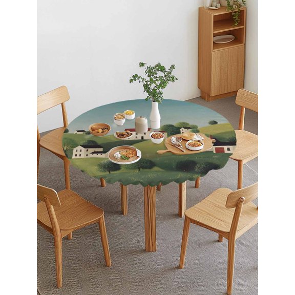 Farmhouse Round Fitted Tablecloth with Elastic Edge, Rural Village Houses Pastoral Landscape Waterproof Stretch Table Covers for 36"-44" Tables Wipeable Table Cloth for Outdoor