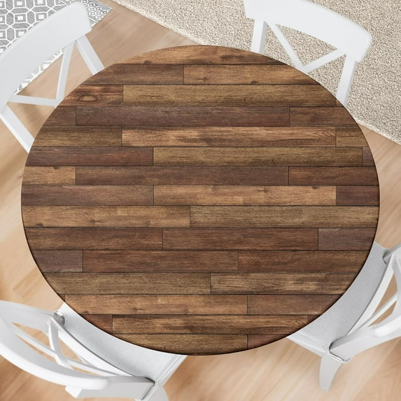 Farmhouse Round Fitted Tablecloth with Elastic Edge Wooden Brown Outdoor Tablecloth Waterproof Table Cover for Picnic Dinner Party Decor Fits 36-44" Diameter Round Tables