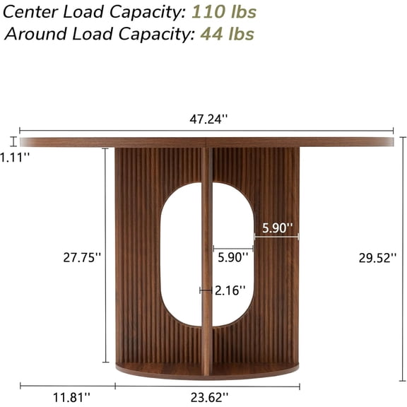 Farmhouse Round Fluted Dining Table for 4-6, 47 Inch Circle Kitchen Table with Wooden Pedestal Base, Dinner Tables for Home Living Room Kitchen (Walnut)