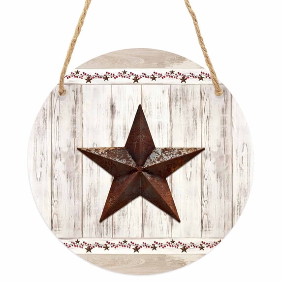 Farmhouse Round Front Door Welcome Sign, 5.9 Inch Wall Hanging Decor for Indoor Outdoor, Rustic Brown Country Star Barn Berry Wooden Home Porch Hanger Decorations for Holiday Gift