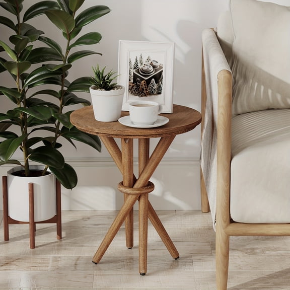 Farmhouse Round Hardwood End Table with X-Leg Design, Compact Rustic Side Table for Living Room, Bedroom, Patio, Easy Assembly