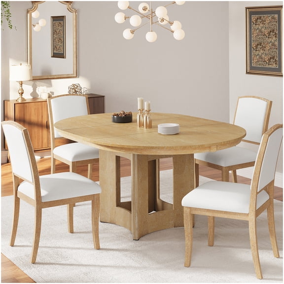 Farmhouse Round Kitchen Table Set with Leaf, 5-Piece Dining Set for 4, Upholstered Chairs and Extendable Table in Natural and Beige