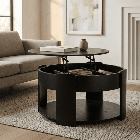 Farmhouse Round Lift Top Coffee Table with Hidden Storage, Adjustable Height Modern Minimalist Round Cocktail Table, Multi-Function Center Accent Table for Small Space Living Room Apartment