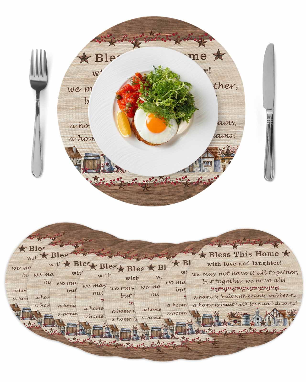 Farmhouse Round Placemats Set of 8 for Dinning Tables,Heat-proof Braided Table Mats 13 Inch,Brown Country Star Berry Vintage Wood Grain Washable Place Mat for Kitchen Restaurant Party Table Decor