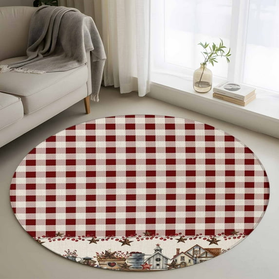 Farmhouse Round Rug 3ft Washable Circle Entryway Rugs Non Slip American Country Star Barn Red Brown Plaid Berry Area Rug Indoor Floor Carpet for Bedroom Kitchen Living Room Office Dining Room Nursery