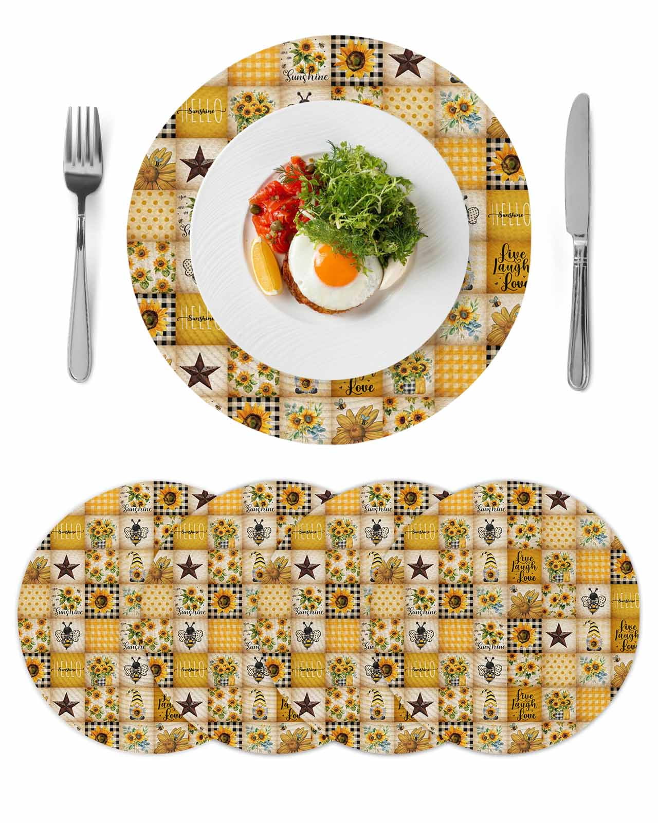 Farmhouse Round Table Placemats set of 4, Bee Gnome Sunflower Barn Star ...