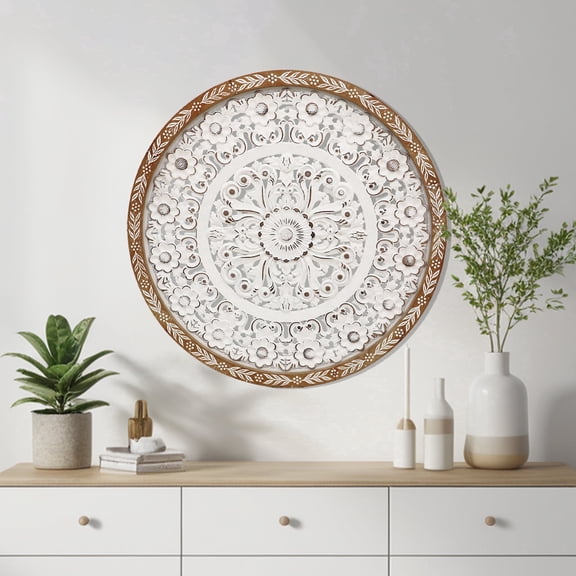Farmhouse Round Wood Wall Art - 24.8 inch Round Wooden Wall Decor with Carved Floral Patterns, Rustic White and Brown