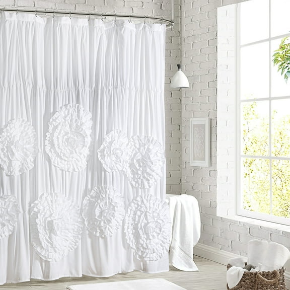 Farmhouse Ruffle Shower Curtain with Handmade 3D Flowers, Vintage Ruched Fabric Shower Curtains for Bathroom, Decorative Luxury Bathroom Curtain with 12 Holes, White, 72" x 72"