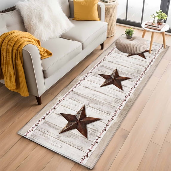 Farmhouse Runner Rug 2x6 FT,Non Slip Hallway Rugs,Rustic Brown Country Star Barn Berry Wooden Washable Soft Floor Carpet Throw Runner Carpet Long Rugs for Entryway Kitchen Bedside Sliding Door