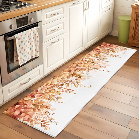 Farmhouse Runner Rugs 2x6 ft Watercolor Orange Eucalyptus Leaves Rustic Botanical Washable Hallway Rugs Non-Slip Floor Mats Absorbent Carpet Bedside Runners for Bedroom Kitchen Bathroom Laundry Room