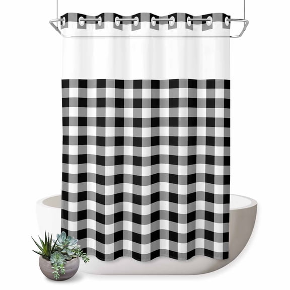 Farmhouse Rural No Hook Shower Curtain Style White and Black Plaid Shower Curtain with See Through Top Window, Waterproof Washable Fabric Curtain for Bathroom Hotel Decor, 60Wx72L