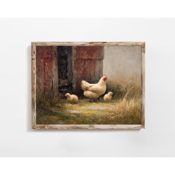 Farmhouse Rural of Hen and Chicks Vintage Landscape Print Poster French Farmhouse Poster E1243, Unframed Poster Size 8x12 F03.1.18l175
