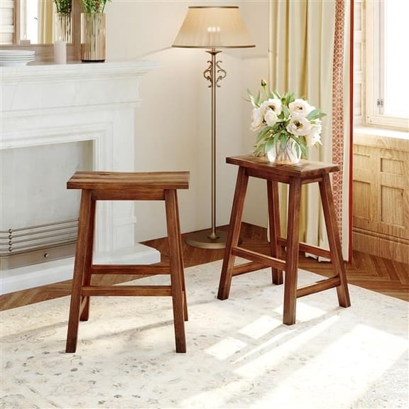 Farmhouse Rustic 2-Piece Counter Height Wood Kitchen Dining Stools, Solid Rubber Wood Bar Stools with Footrests, Space-Saving Design, Curved Seat, Walnut Finish for Kitchen, Dining Room & Bistro