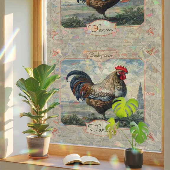 Farmhouse Rustic Animal Rooster Window Privacy Film, Rainbow Film Decorative Window Sticker 17.7x39.3in, Vintage Flower Texture Sun Blocking Static Stained Glass Cling Tint Non-Adhesive