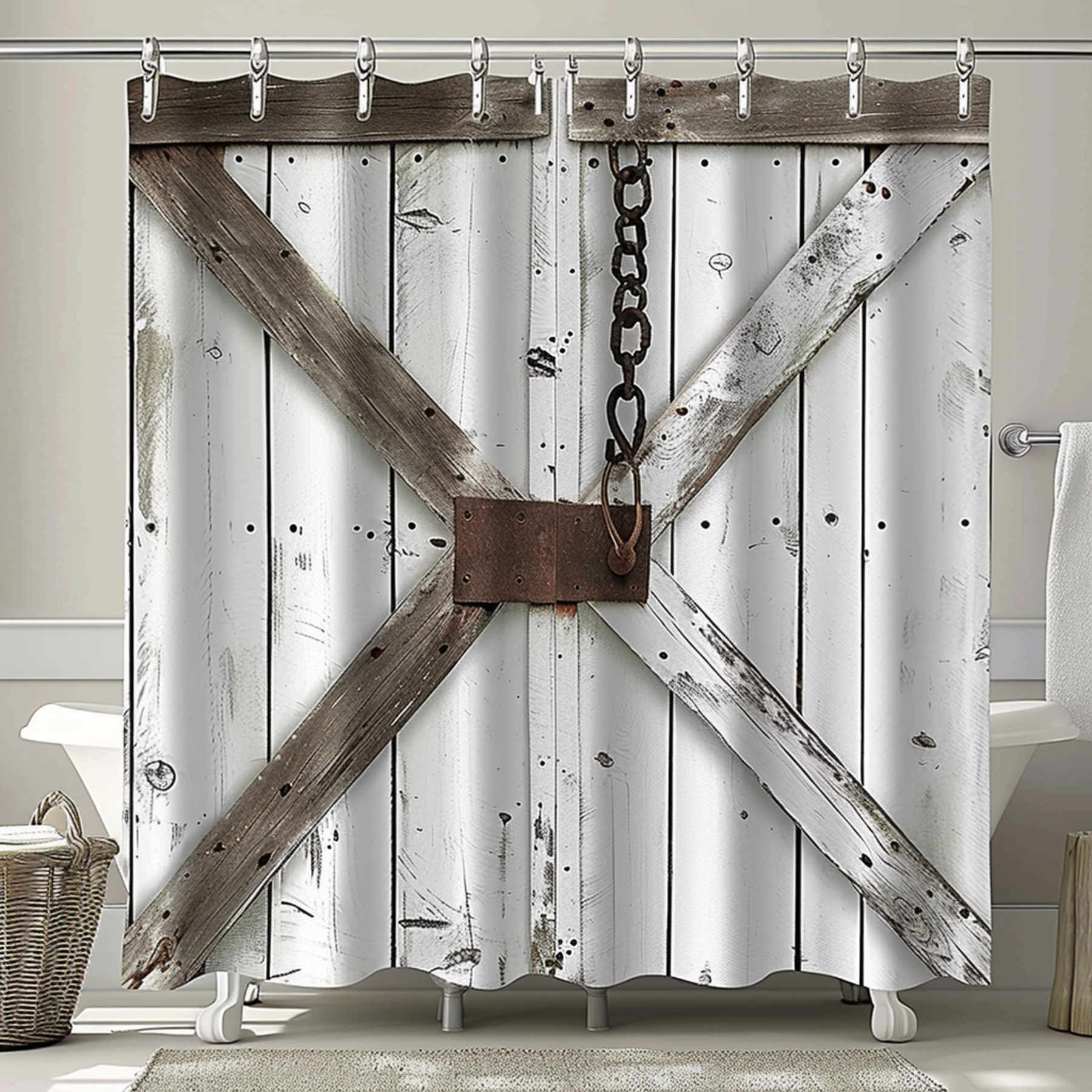 Farmhouse Rustic Barn Door Shower Curtain Vintage Style Bathroom Decor