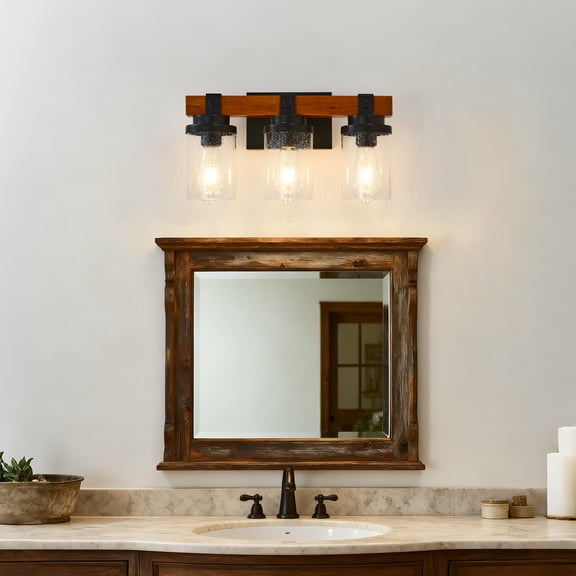 Farmhouse Rustic Bathroom Vanity Light, 3-Light Wall Sconce with Seeded Glass Shades, Wood & Black Metal Fixture, E26 Base, for Bathroom Mirror, Powder Room & Entryway