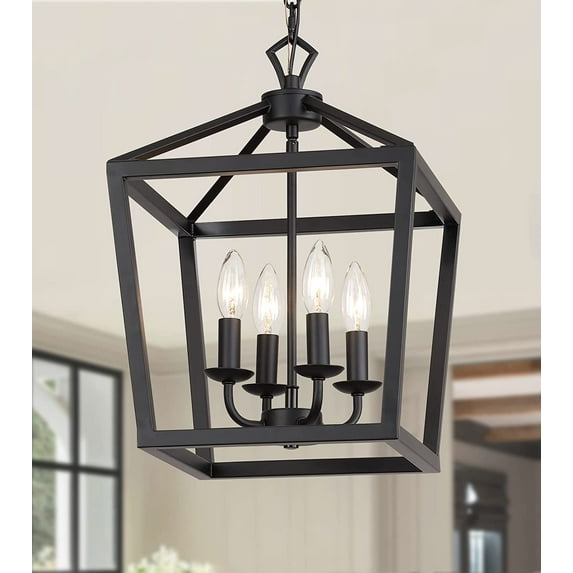 Farmhouse Rustic Black Lantern Chandelier Hanging Light Fixture 4-Lights for Kitchen Island Dining Room Hallway Entryway Foyer UL Listed