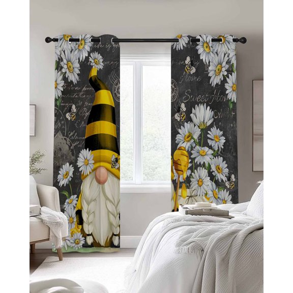 Farmhouse Rustic Blackout Curtains 2 Panels Gnome Daisy Bee Retro Black Background Thermal Insulated Grommet Window Curtains for Bedroom Living Room 42"x45"