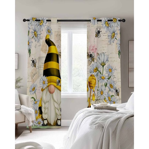 Farmhouse Rustic Blackout Curtains 2 Panels Gnome Daisy Floral Bee Letter Background Thermal Insulated Grommet Window Curtains for Bedroom Living Room 52"x54"