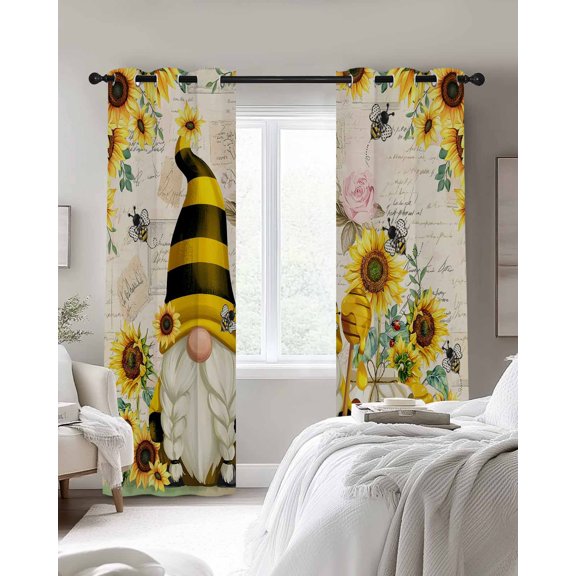 Farmhouse Rustic Blackout Curtains 2 Panels Gnome Sunflower Bee Beige Background Thermal Insulated Grommet Window Curtains for Bedroom Living Room 42"x63"