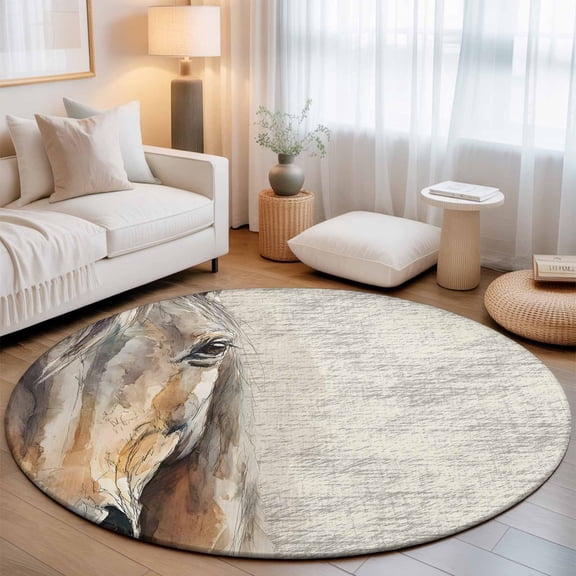 Farmhouse Rustic Brown Horse Head Round Rug 5ft Animal Vintage Linen Washable Area Rugs for Living Room Bedroom Entryway Non Slip Entrance Door Mat Indoor Floor Carpet