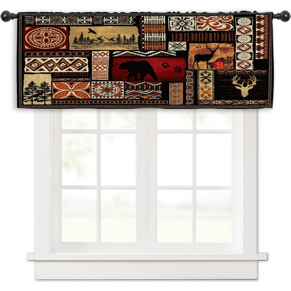Farmhouse Rustic Cabin Kitchen Curtain Valance 54W x 18H Rod Pocket Lodge Primitive Bear Deer Country Tribe Vintage Rural Window Treatment for Living Room Bedroom Bathroom Laundry