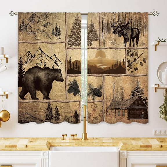 Farmhouse Rustic Cabin Tree Small Kitchen Curtains Woodland Brown Window Treatment Bear Deer Cafe Short Window Curtains for Bathroom Dining Room Animal Tier Treatment Drapes 27.5x39 inch
