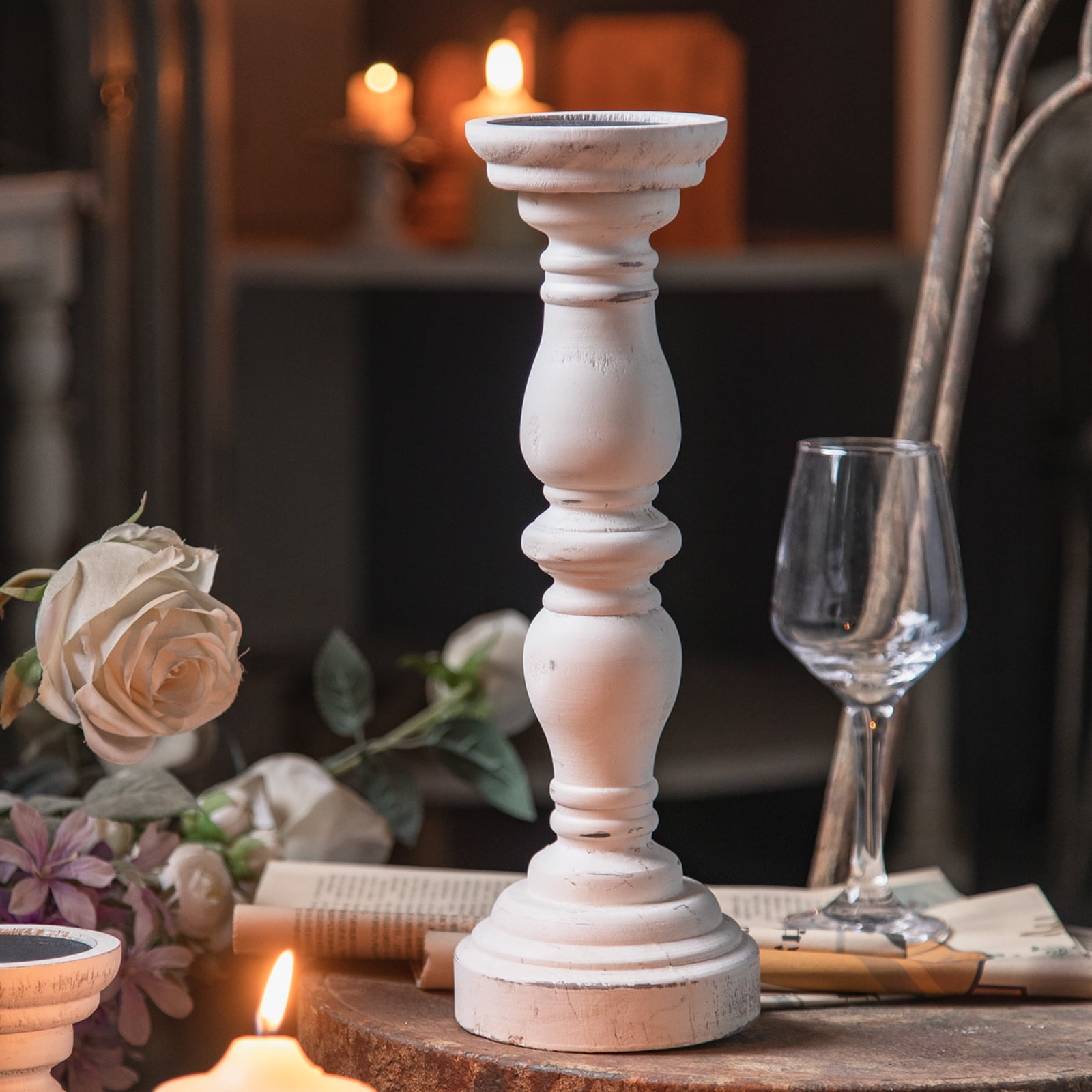Farmhouse Rustic Candle Holder for Pillar Candle, Vintage White Wooden Antique  Candlestick Holder, 4.7 x 4.7 x 13.6 (s, m, l) 