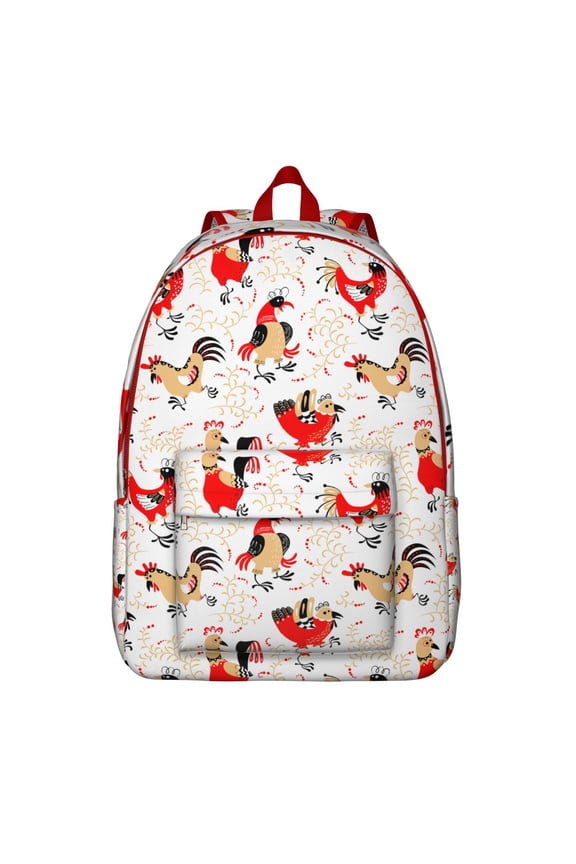 Farmhouse Rustic Cartoon Backpack, Lightweight School Bag with Rooster, Hen, and Egg Pattern