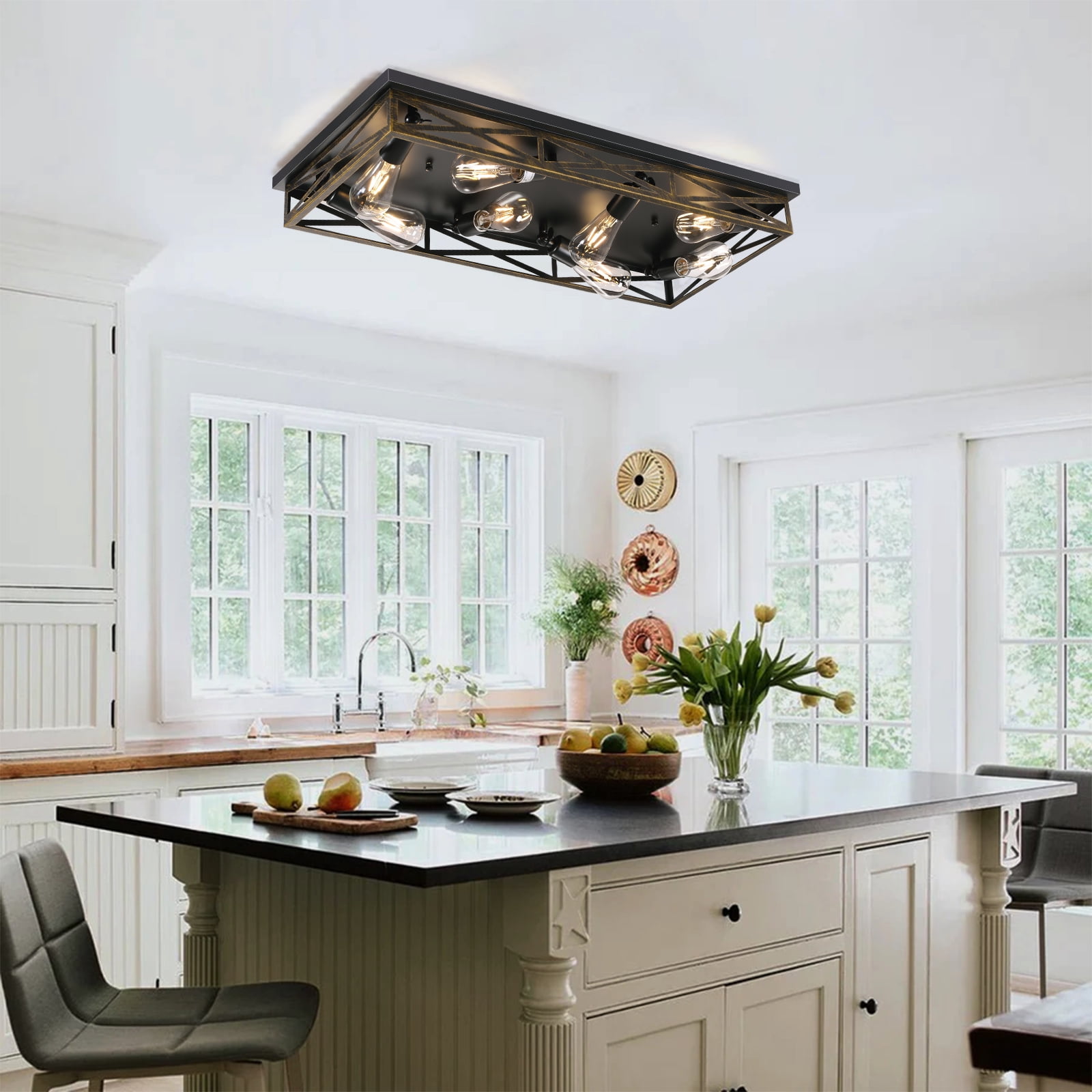 Farmhouse Rustic Ceiling Light for Kitchen, 8-Light Hallway Flush Mount Light Fixtures Ceiling Mount,31.49" Industrial Metal Cage Ceiling Light for Farmhouse,Kitchen,Hallway E26 Base(1 Pack)