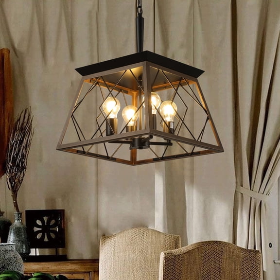 Farmhouse Rustic Chandeliers,15.7" Walnut Industrial 4-Light Pendant ChandelierAntique Geometric Industrial Hanging Light Bronze（Walnut+black）