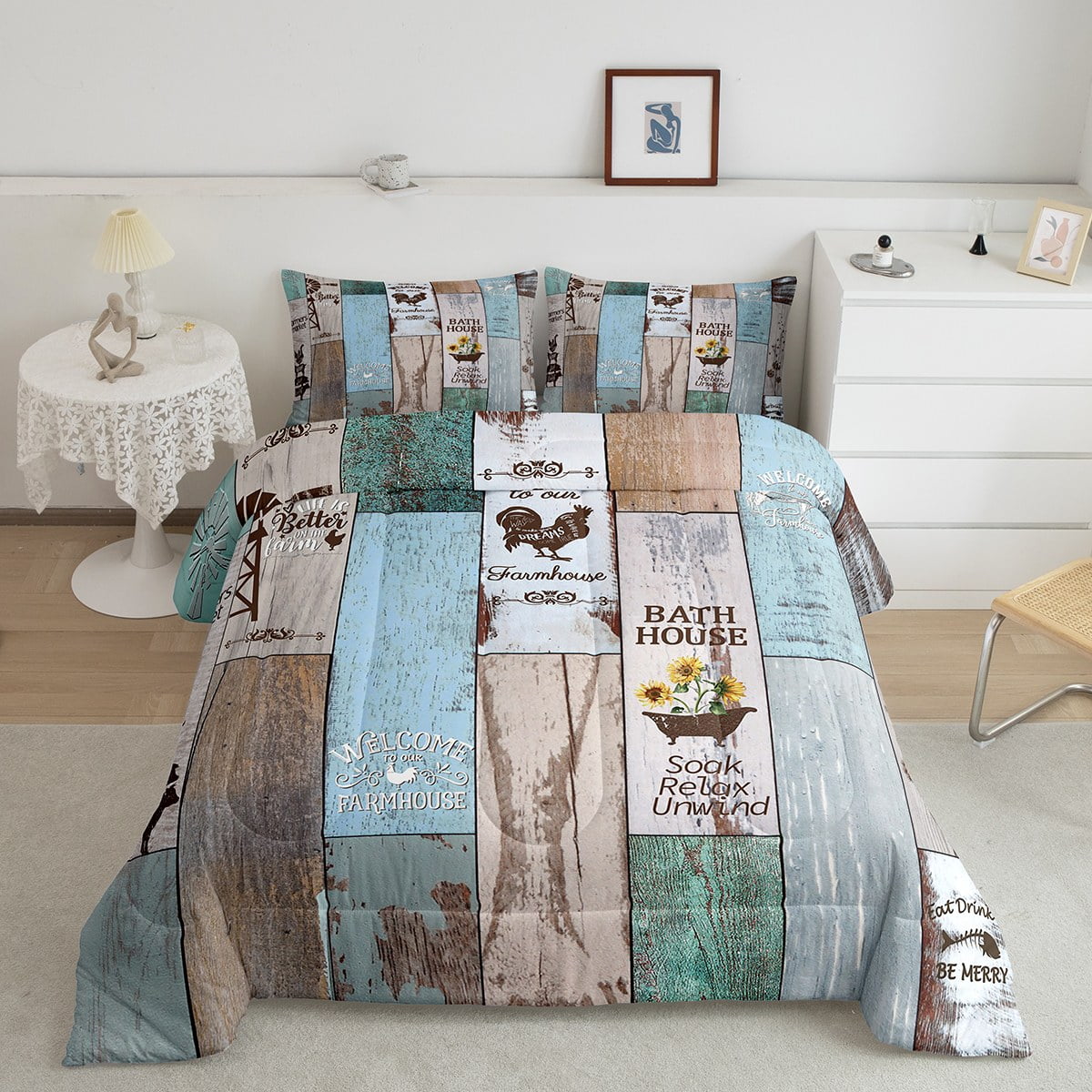 Farmhouse Rustic Comforter Set King Size, Vintage Windmill Bedding Set ...