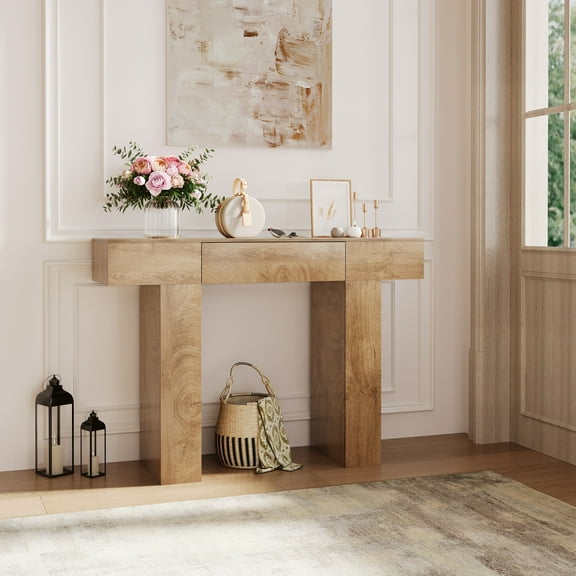 Farmhouse Rustic Console Table with Storage Drawer – 47" Narrow Sofa Table for Entryway, Hallway, Living Room – Slim Wood Foyer Furniture, Easy Assembly – 1.2m Annual Ring Oak