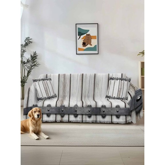 Farmhouse Rustic Couch Cover Sofa Covers 3 Cushion Sectional Couch, Vintage Country Wooden Grain Washable Sofa Covers Slipcover Sectional Sofa Cover, Furniture Protector 71"x150"