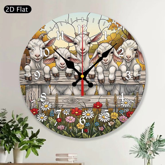 Farmhouse Rustic Country MDF Wood Round Wall Clock, Baby Goats and Flowers, Stained Glass Style Farm Animal Decor