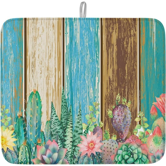 Farmhouse Rustic Country Wood Dish Drying Mats for Kitchen Counter,Summer Cactus Plant Microfiber Absorbent Dish Drainer/Rack Mat, Hangding Quick Drying kitchen Drying Mat,16x18in Machine Washable